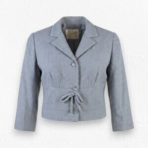 1950s Vintage Saks Fifth Avenue Gray Bow Tie Waist Cropped Wool Jacket Size 6